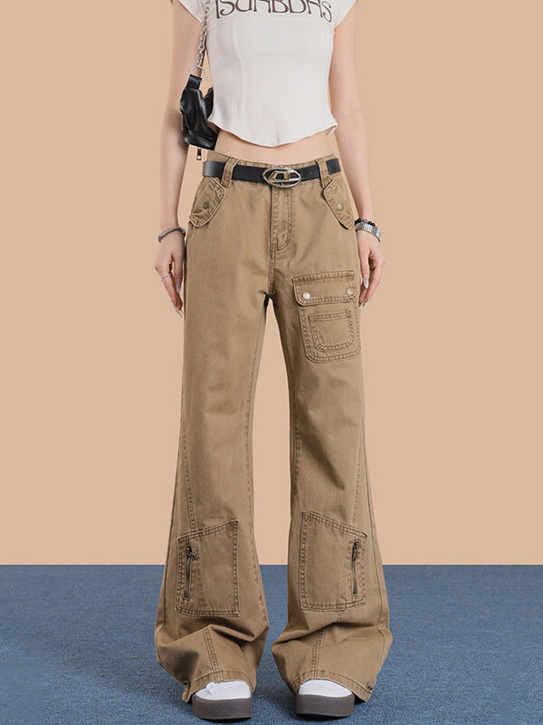 Vintage Chic Design mehrere Taschen Cargo hosen Frauen American Streetwear Stil hohe Taille schlanke Jeans mit geradem Bein