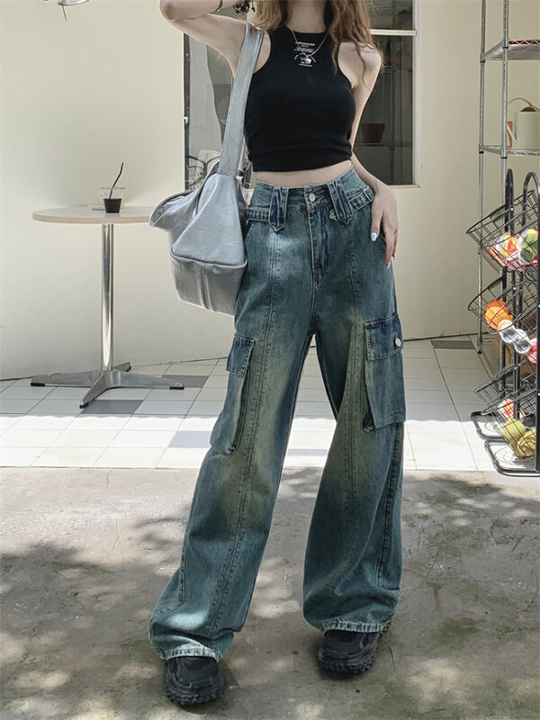 Jeans wanita pinggang tinggi saku Vintage longgar musim semi musim panas rekreasi mode gaya Korea dicuci dikelantang kantor wanita sederhana padat