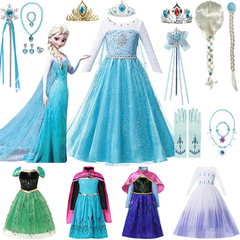 Disney-Girls Frozen Princess Dress, Elsa, Anna, Cosplay, Halloween, Carnaval, Birthday Party, Vestuário, 2021