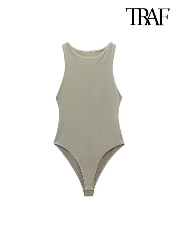 TRAF-bodysuit magro do pescoço da cabeçada das mulheres, macacões sem mangas, botão de pressão, moda feminina, sexy