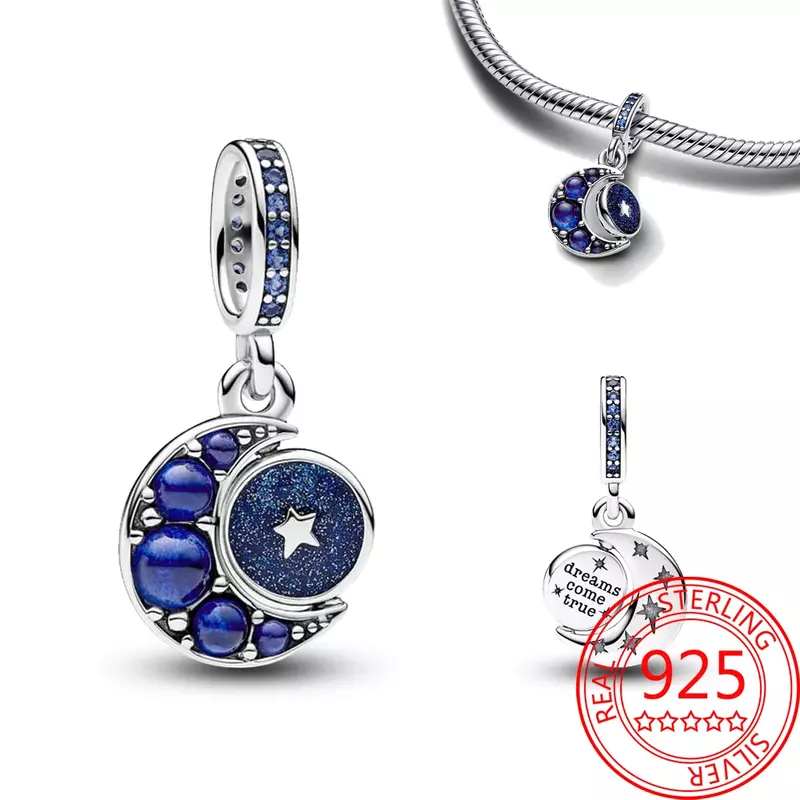 Exquisite 925 Sterling Silver Moon Family Love Key Angel Wings Double Dangle Charm Fit Pandora Bracelet Women's Jewelry Gift