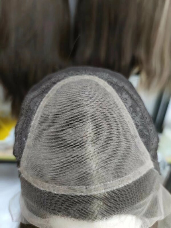 Parrucca superiore in pizzo ebraico con evidenziazione marrone 100% seta europea per capelli umani e morbida Kosher