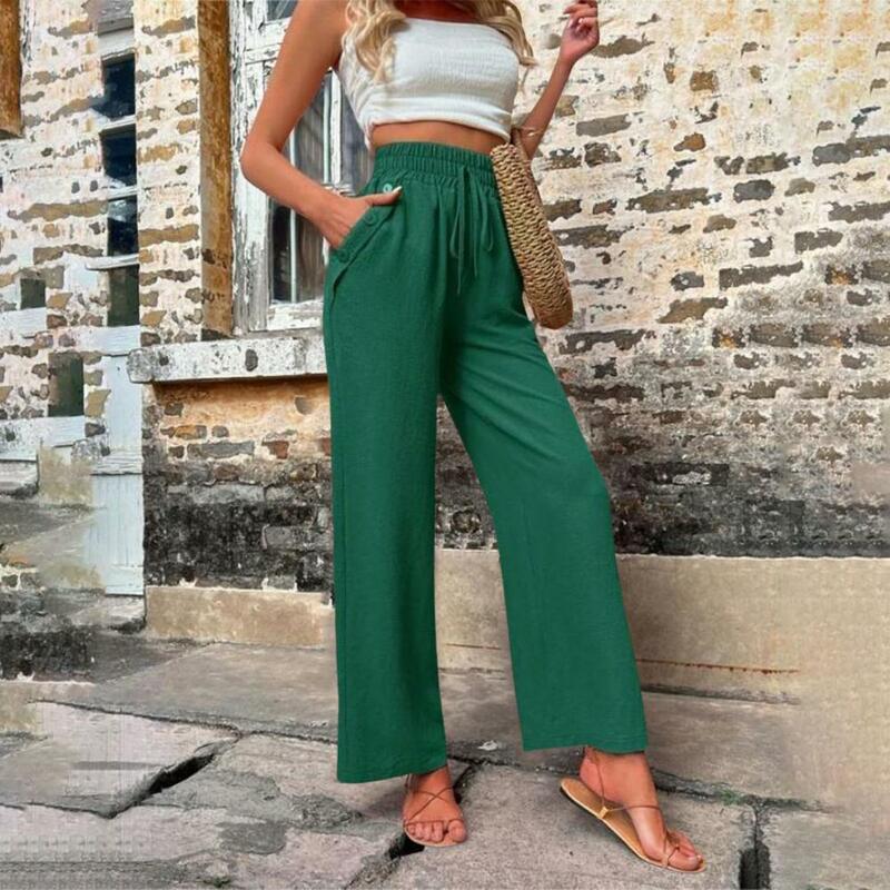 Women Casual Loose-fit Pants Stylish Women's Drawstring High Waist Pants for Summer Streetwear Casual Wide Leg Trousers in Solid