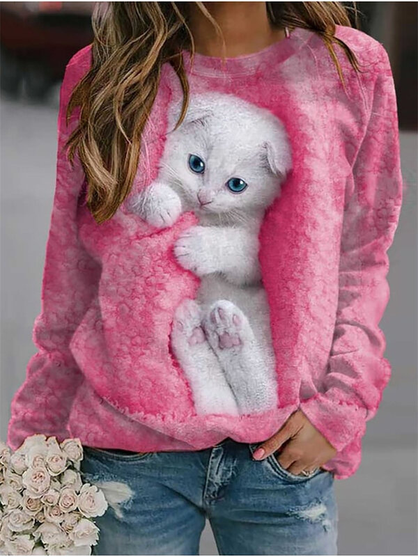 Wiosna i jesień Damska bluza z kapturem 3D Cute Cat Print Luźny długi rękaw O-Neck Moda Mały świeży top damski Harajuku