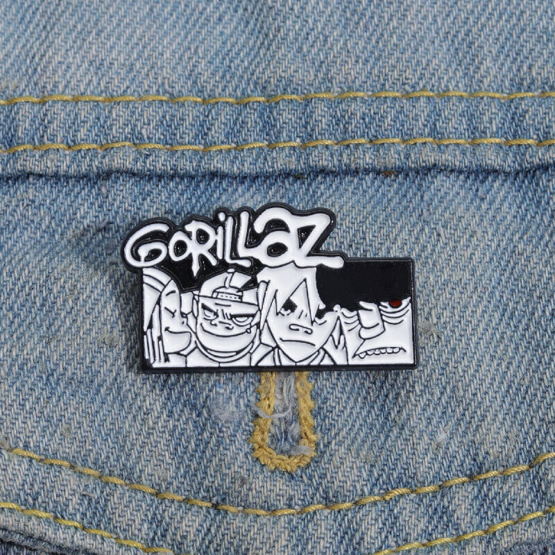 Gorillaz Comemorative Rock Band Broche, Preto e Branco Esmalte Cartoon Badge, Metal Mochila Roupas Lapela Pins Gift, Atacado