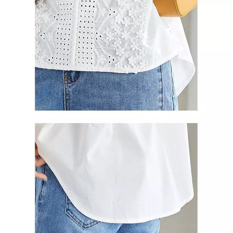 Camisa de algodão solta bordada, meia manga, decote em v, pulôver francês oco, blusa branca versátil para J107, novo, verão, 2024