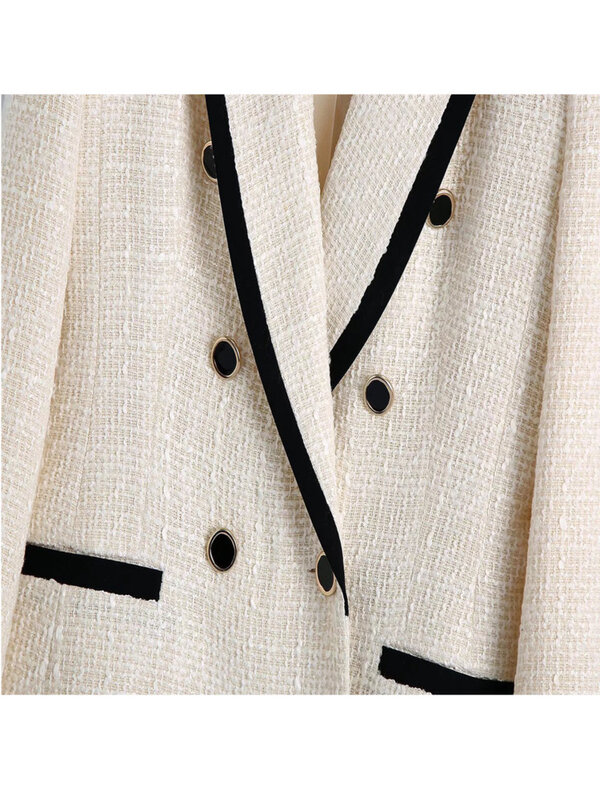 2023 ZA ใหม่แฟชั่นสำหรับผู้หญิง Double Breasted Tweed Blazer Coat Vintage แขนยาวหญิง Outerwear แจ็คเก็ต