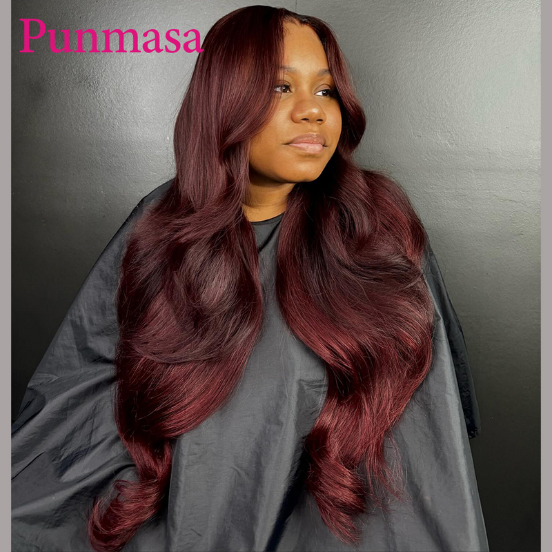 Punmasa-Peluca de cabello humano con encaje frontal transparente, postizo de color borgoña oscuro 99j peruano 200%, 13x4, onda corporal 13x6, 5x5