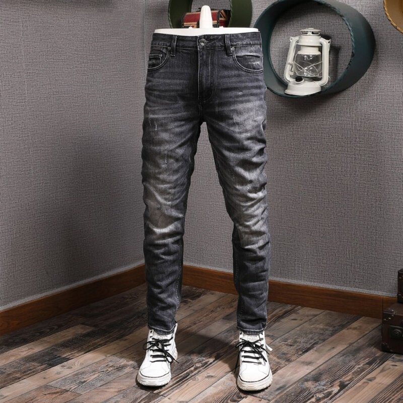 Włoski styl modne dżinsy męskie wysokiej jakości Retro czarny szary elastyczny Slim porwane jeansy mężczyźni Vintage Designer spodnie dżinsowe Hombre