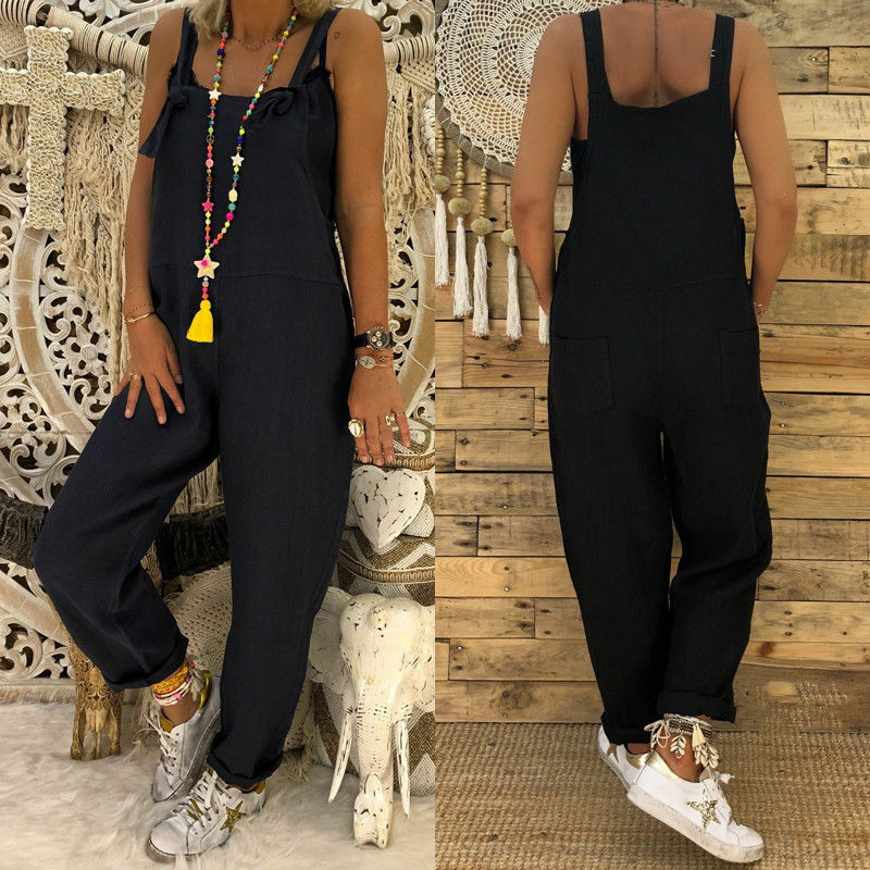 Women Loose Casual Bib Overalls Cotton Linen Rompers Long Jumpsuits Solid Strappy Pockets Dungarees Plus Size