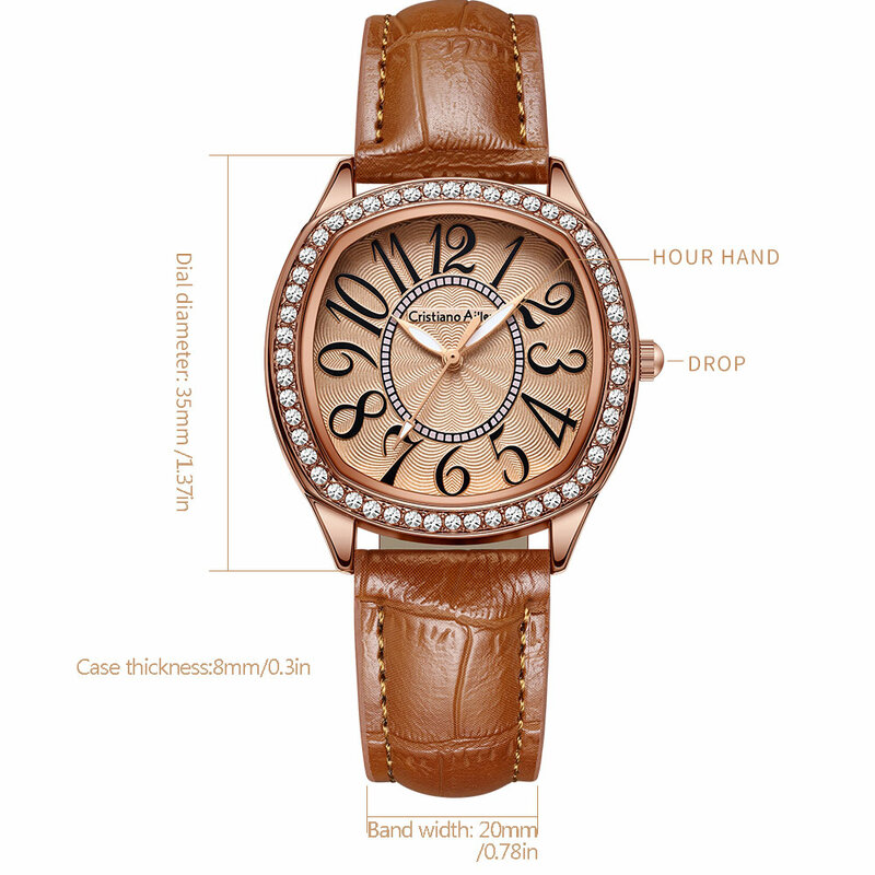 Jam tangan kulit wanita, jam tangan kuarsa berlian imitasi mewah, Gaun gaya jam tangan Analog untuk wanita, hadiah liburan untuk wanita