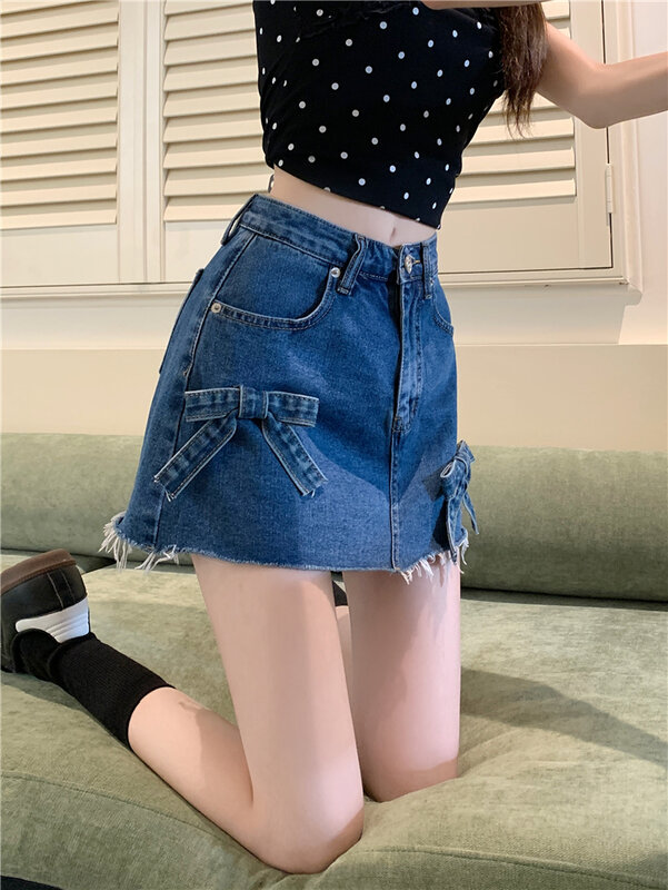 Benuynffy Vintage rohen Saum Jeans rock Frauen Sommer hohe Taille eine Linie Minirock koreanische Schleifen lässige Streetwear Jeans röcke
