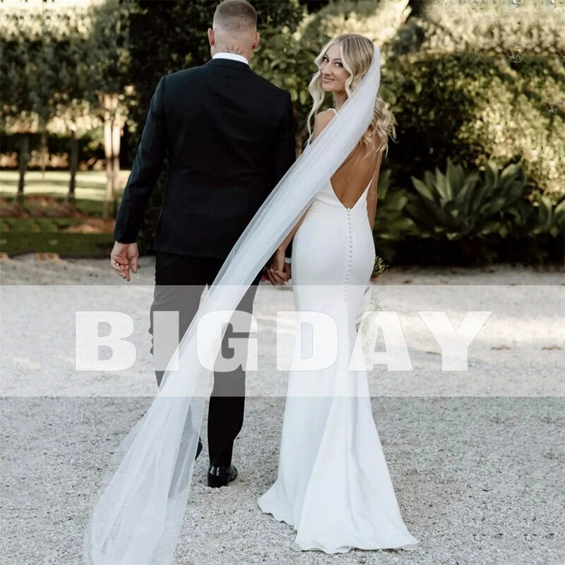 Gaun pernikahan Mermiad elegan 2024 gaun pengantin wanita kancing Satin punggung terbuka tali Spaghetti kerah v gaun pengantin sederhana untuk wanita