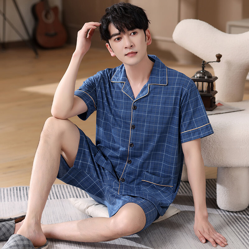 Pijama de manga corta para Hombre, ropa de dormir masculina con estampado a cuadros, de algodón, talla grande XXXL