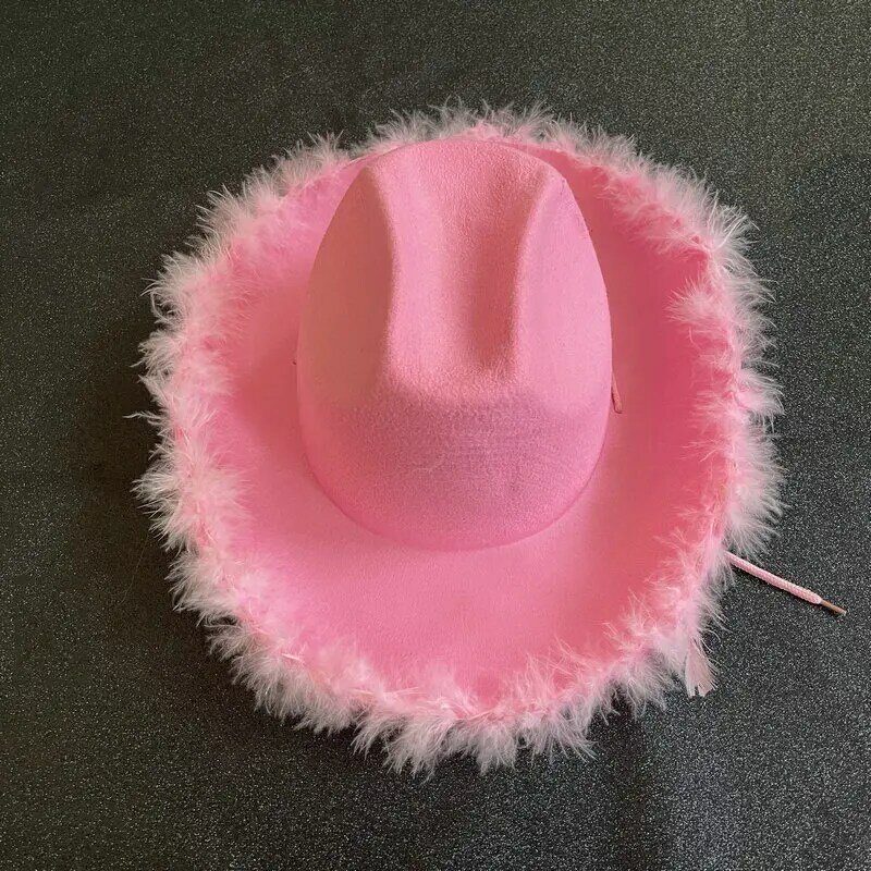 Topi Natal merah muda tepi mentah topi koboi topi bulu dekoratif merah muda Barat koboi merasa gaya topi Cosplay alat peraga pesta