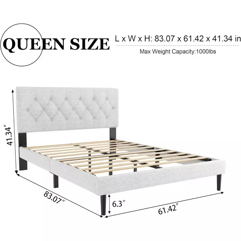 Box Spring Bed Frame com suporte de prancha, base de colchão, fácil montagem, botão acolchoado, cabeceira adornada, silencioso