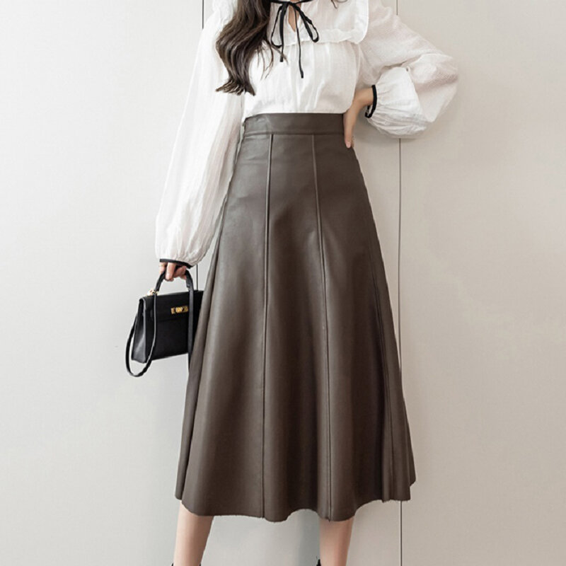 Wisher & Tong-Jupe en cuir PU taille haute pour femmes, jupes midi noires, vêtements féminins, style coréen, automne, hiver, 2021