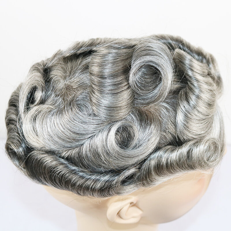 Grey Human Hair Full PU BASE Toupee For Man Durable Hair Systems Thin Skin Capillary Prosthesis Hairpieces