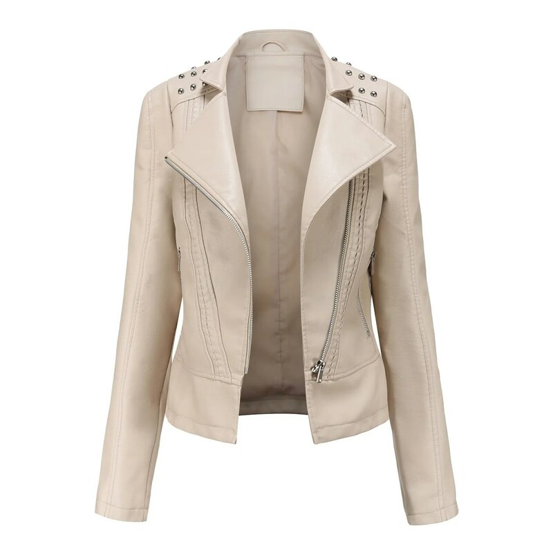 Moda rivetto in metallo sottile giacca in pelle donna cerniera primavera autunno Motor Biker PU Leather cappotto femminile manica lunga Lady capispalla