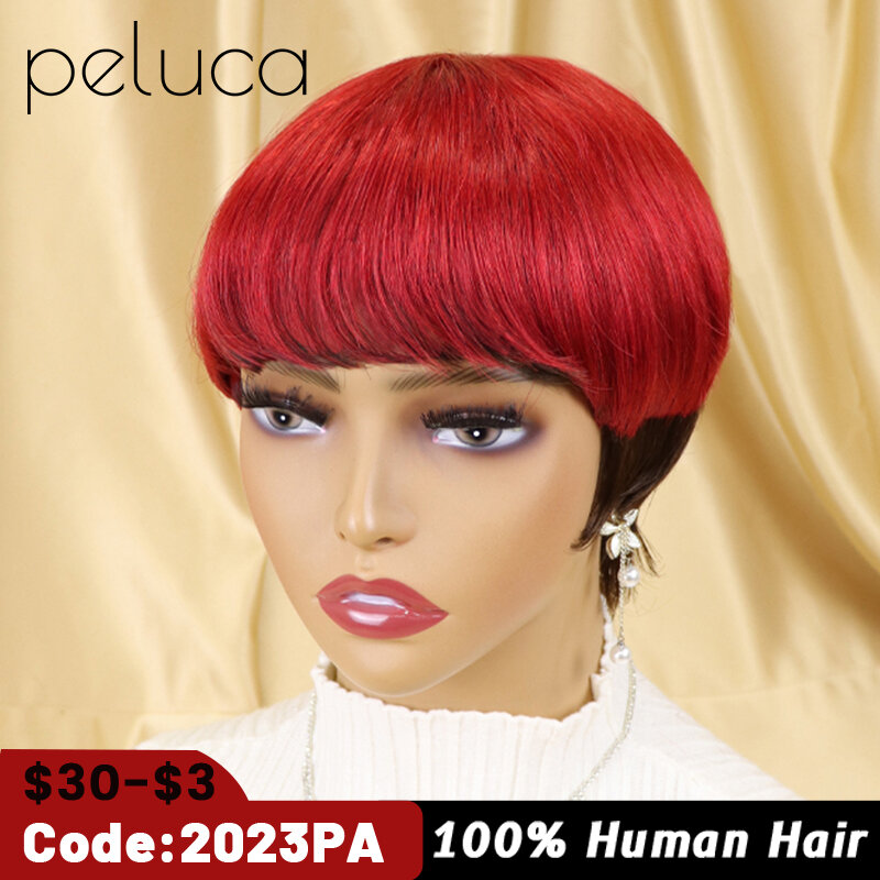 Peluca de cabello humano brasileño con corte Pixie para mujeres negras, pelo corto Natural, color ombré y marrón
