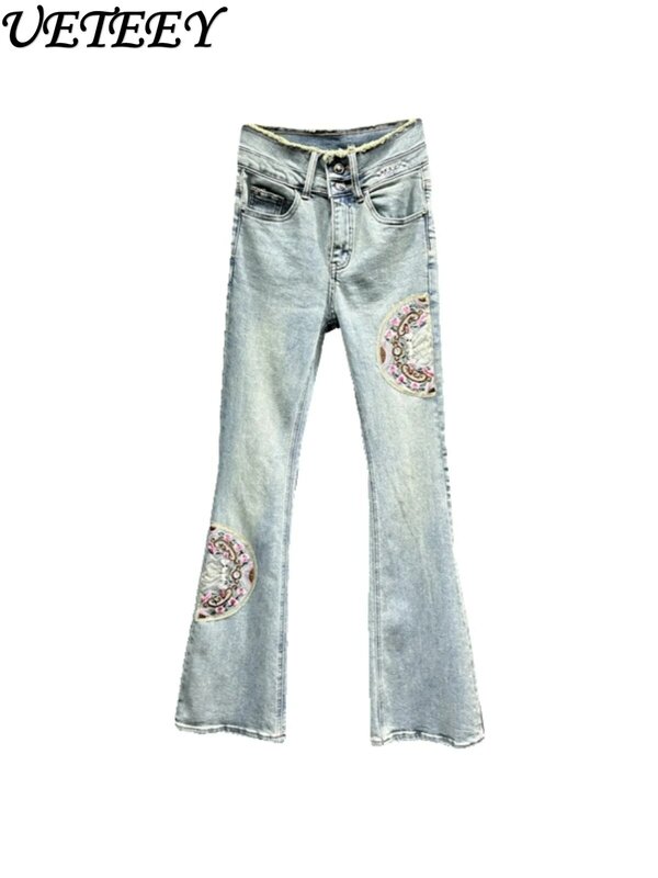 Chinese Style Embroidery Patch Tight Stretch Flare Pants Women's European Goods Spring New High Waist Slimming Denim Trousers