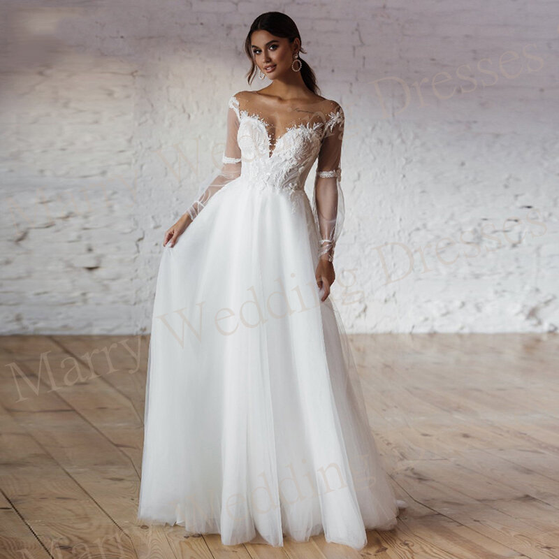 Женское свадебное платье с длинным рукавом, кружевное ТРАПЕЦИЕВИДНОЕ платье невесты с круглым вырезом и аппликацией, 2024