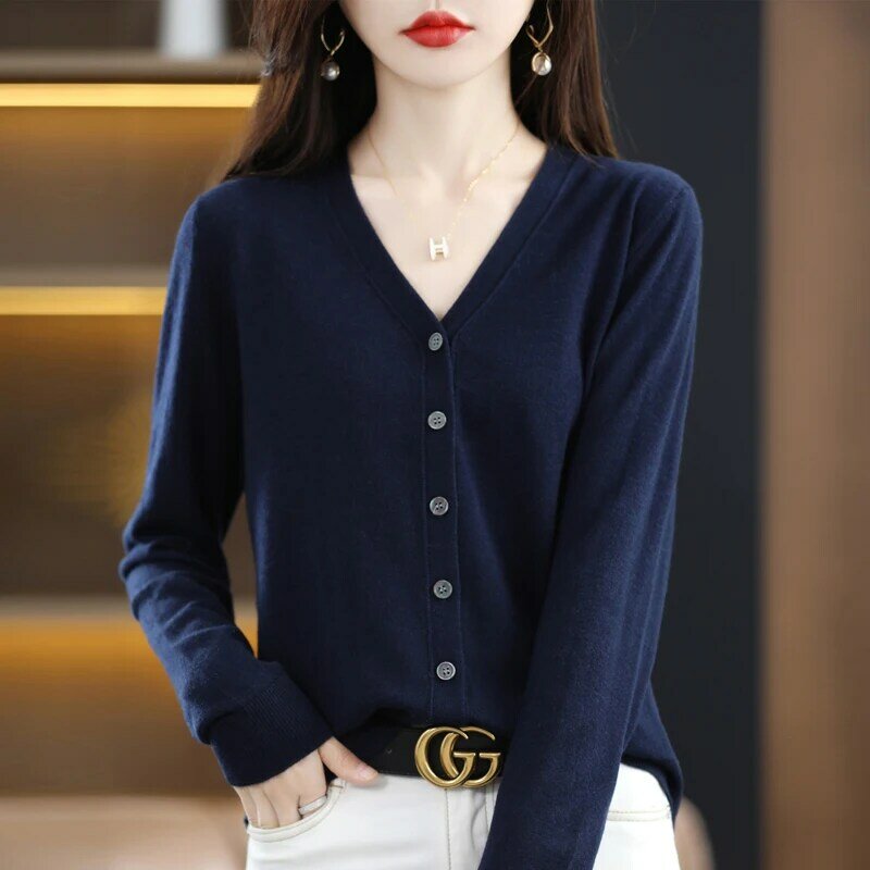 Knitted Wool Cardigan Women's Sweater V-Neck Button Spring Autumn Thin Section Long-Sleeved Fashion Temperament Coat Solid Color