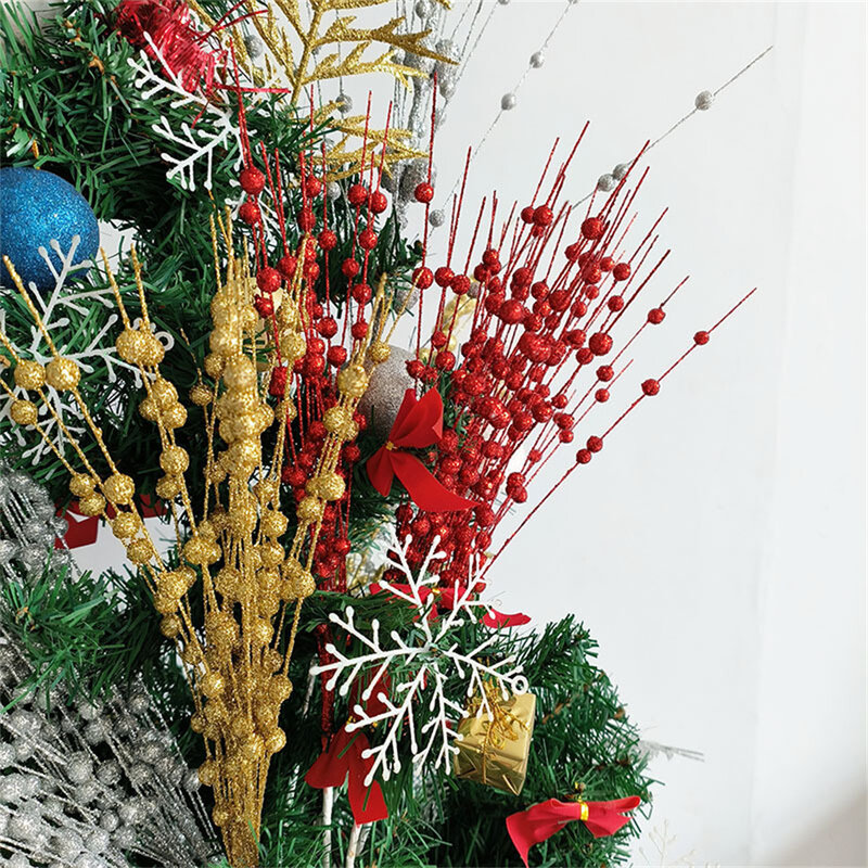 Bola de fruta de pulpa de polvo dorado para decoración navideña, paquete de tallo brillante Artificial, 12 tenedor, palo de cuentas, palo brillante, vid de flores
