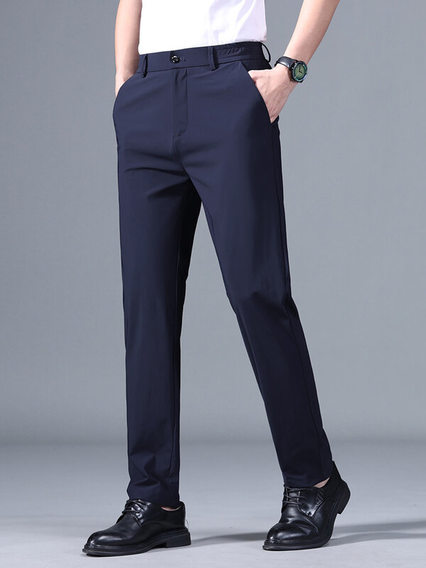 Calça casual, fina, preta, cinza, azul, marca coreana, boa, clássica, verão, calça elástica de cintura elástica para homens, terno de negócio