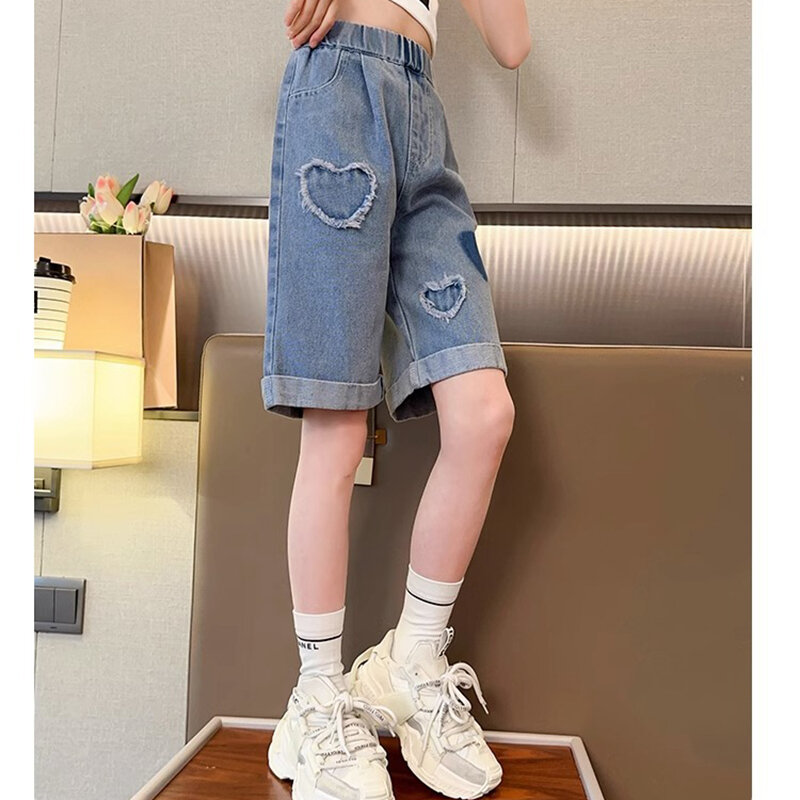 Celana Jeans anak perempuan remaja, celana pendek kain Denim gaya hati Musim Panas 2-12 tahun untuk anak-anak hadiah ulang tahun
