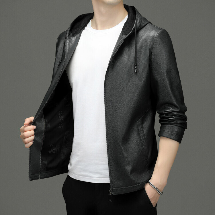 Genuine Leather Clothes Boys Solid Color Jacket Casual Hooded Motorcycle Leather Jacket Men's Slim Youth Thin Jacket Fashion