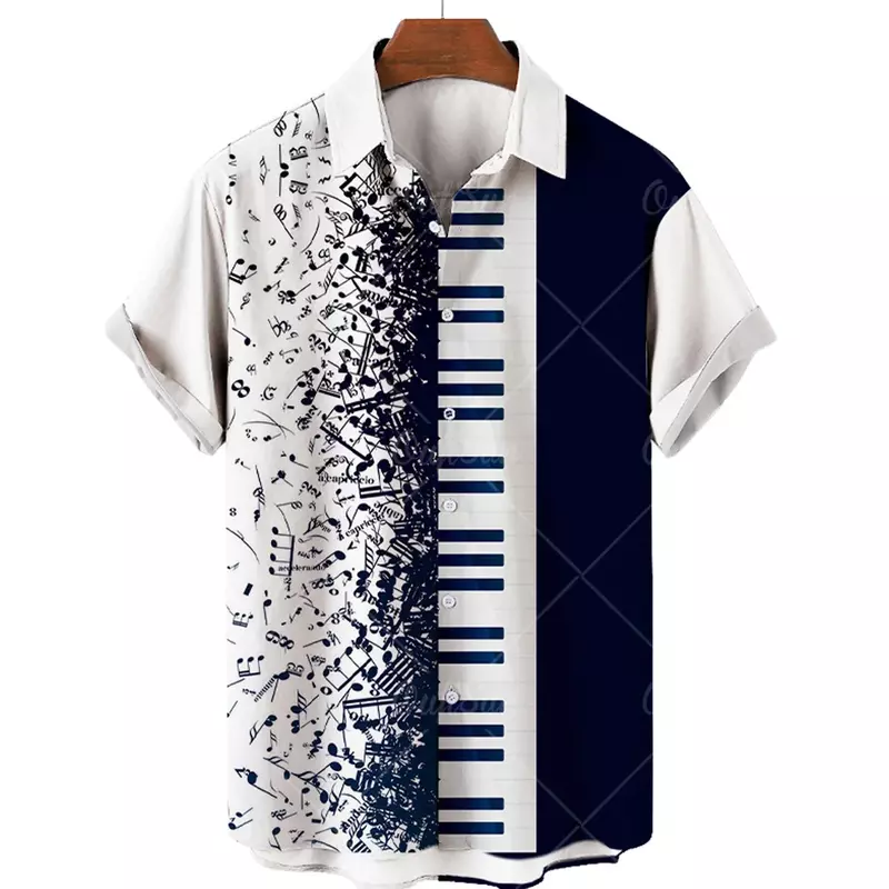 Beach Hawaiian Shirt Black White Music Print Shirt Men Women High Quality Casual Single Button Lapel Top 5XL