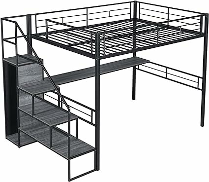 Cama Loft de tamanho completo com mesa embutida e armário, cama resistente, armazenamento e guardrail de segurança, sem Box Spring necessário