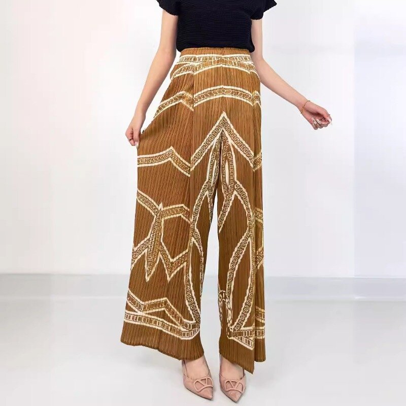Pantaloni a gamba larga stampati a righe Vintage robusti Miyake pantaloni estivi larghi ad alta sensazione per le donne
