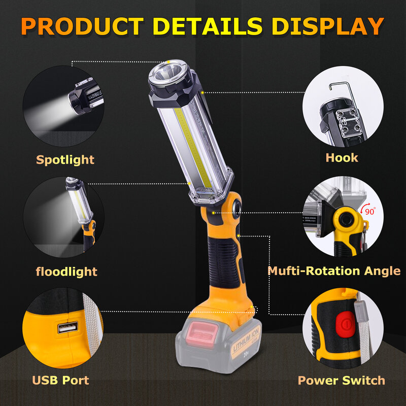 Lanterna LED portátil para Dewalt, USB, luz de trabalho, bateria de lítio 14.4V-18V, 2000LM, novo