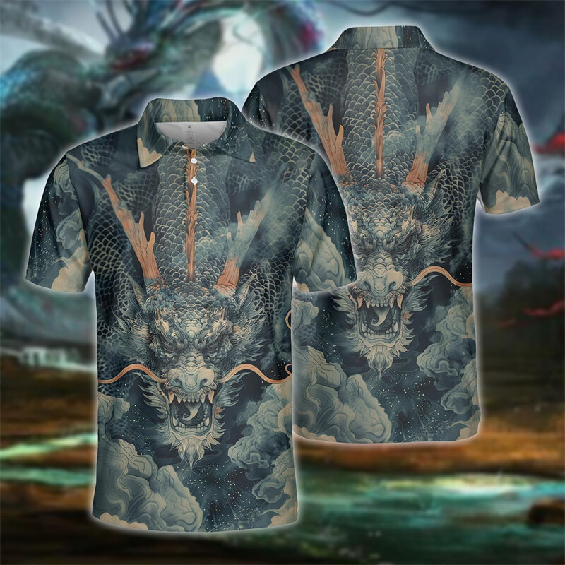 신화적인 Dragonic 3D 프린트 폴로 셔츠, 남성 의류, 하라주쿠 힙합 드래곤 반팔, 고스 롱 폴로 셔츠, 고스 탑