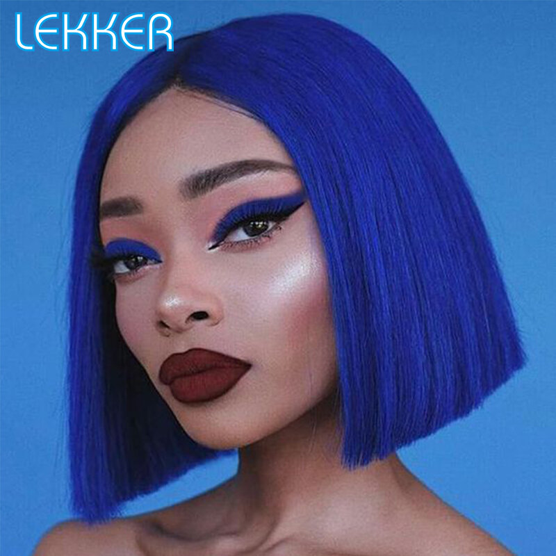 Lekker Highlight Blue Short Straight Bob 13x6x1 Lace Front Human Hair Wig For Women Brazilian Remy Hair Glueless HD Lace Colored