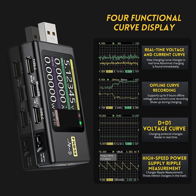 Voltímetro Digital FNB58, Testador de Corrente, USB Tipo-C, Carregamento Rápido, Potência de Protocolo PD, Detecção de Gatilho, Max 7A