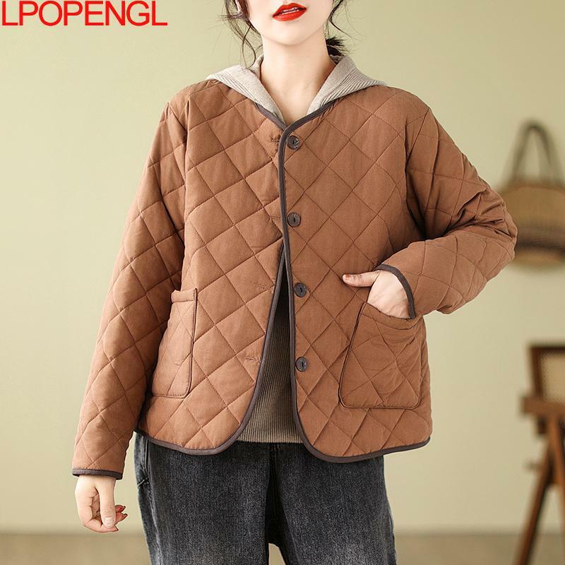 Moda temperamento Lingge giacca donna autunno e inverno sciolto Casual Vintage maniche lunghe monopetto in cotone cappotto corto