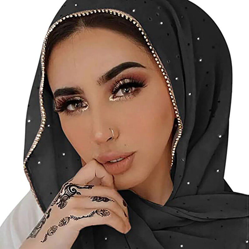 Шифоновый шарф для женщин, мягкий хиджаб, длинные шарфы с запахом, отделка блестящими стразами, монохромный, модный