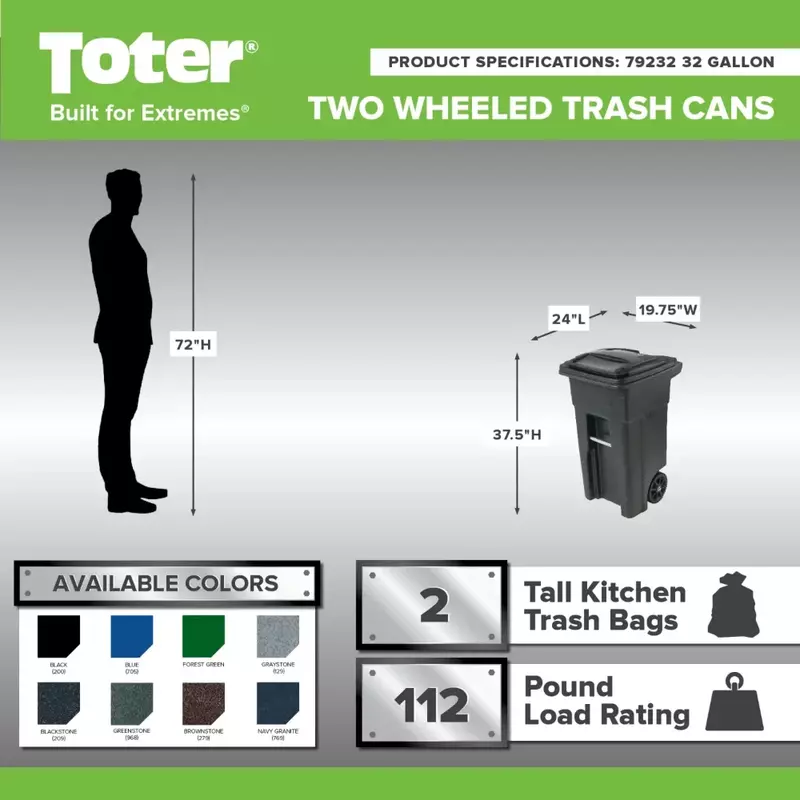 Toter 32 Gallon Garbage Can Black with Wheels and Lid for Outdoor or Indoor Use Garden Compost Bin Polyethylene
