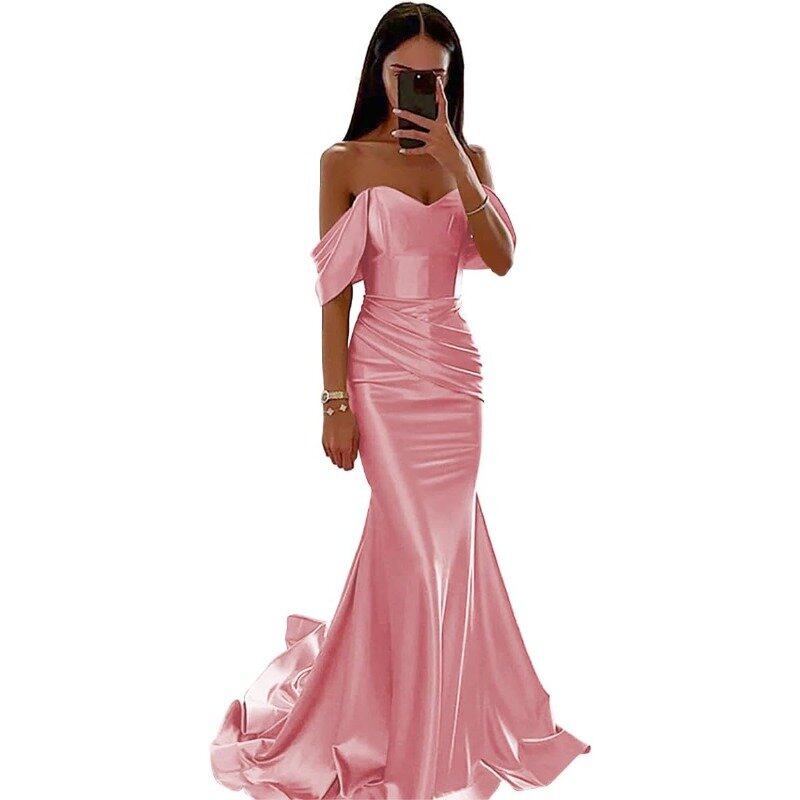Wakuta Off Shoulder Bridesmaid Dresses Ruched Satin Mermaid Prom Dresses for Women Long Formal Wedding Party Gowns robe soirée