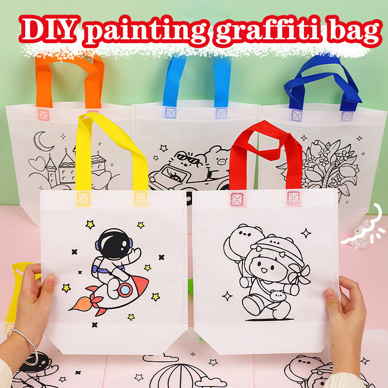 Сумка с мультяшным граффити и маркерами-раскрашивателями, сумка из нетканого материала ручной работы для детей, сумка для покупок с цветным наполнением
