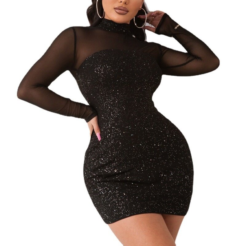 Plus Size Dresses Sexy Solid Color Perspective Short Skirt New Women's Temporary Celebrity Dress Slim Tight Button Short Dress