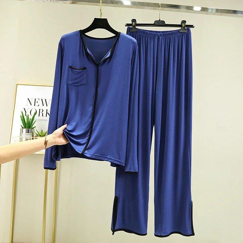 Женский пижамный комплект из двух предметов, простой мягкий пижамный комплект с длинными рукавами и брюками, домашняя одежда, весна-осень