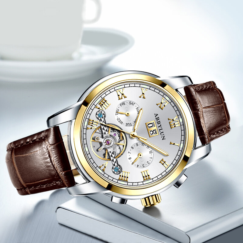 Abbylun 141 Original Men's Watch Business Luxury Skeleton Automatic Mechanical Watch Leather Strap Waterproof Date Wristwatch