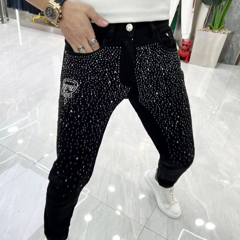 Jeans de strass casual masculino, design criativo, streetwear engraçado, novo