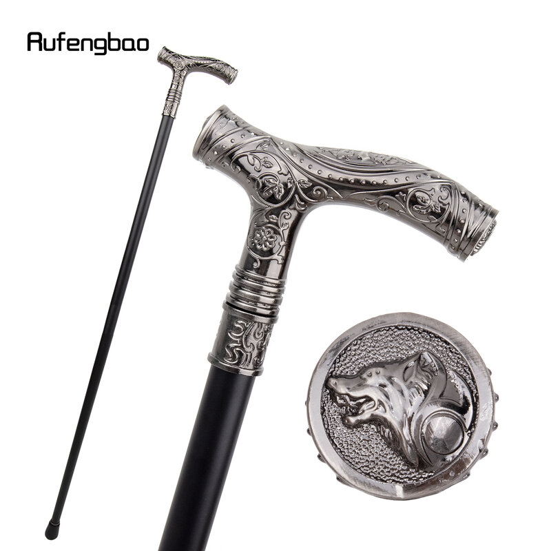 Silver Wolf Head Flower  Single Joint Walking Stick Decorative Cospaly Party Fashionable Cane Halloween Crosier 93cm