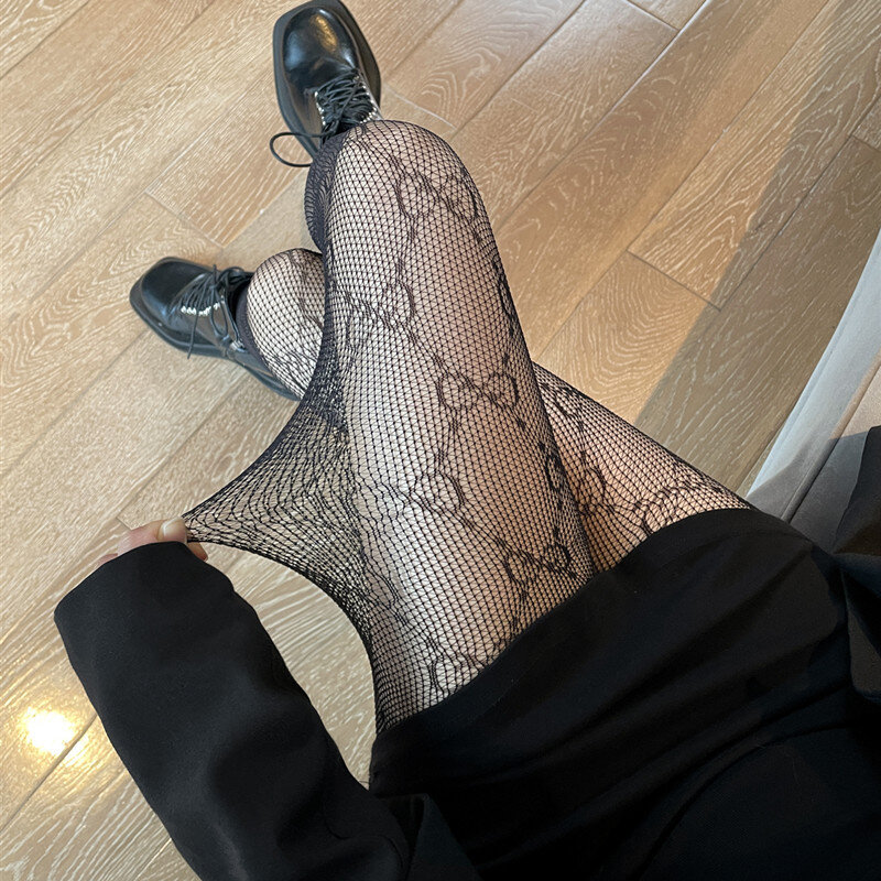 Sexy Duplo G meias arrastão das mulheres, preto e branco Lolita oco Lace malha meias, fundo meia-calça, redes, streetwear