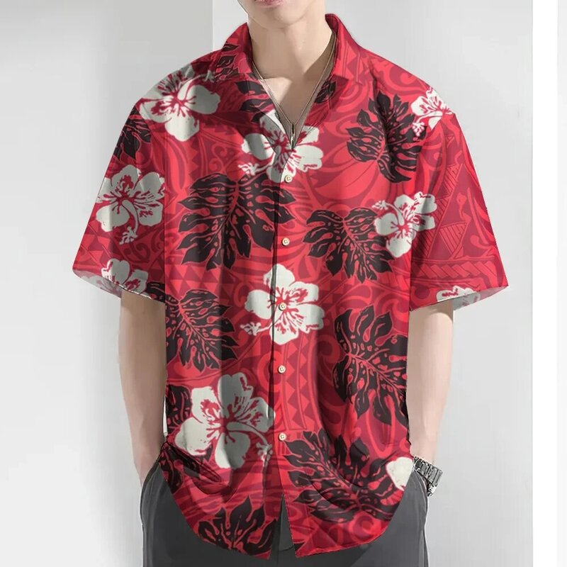 하와이 남성 셔츠 열대 식물 패턴 3D 프린트 탑, 여름 패션, 휴일 반팔 셔츠, 라펠 단추 스트리트웨어